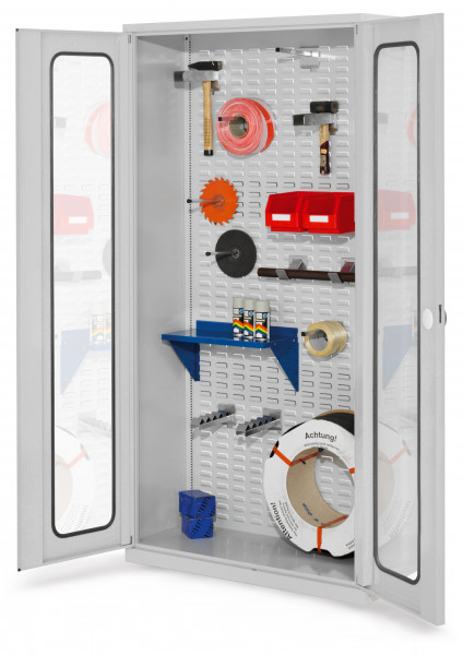 RasterPlan Werkstückschrank mit Schlitzplattenrückwand RAL7035. Sichtfenstertür, H 1950 x B 1000 x T 410 mm.