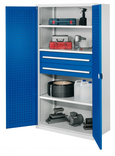 Schwerlastschrank ohne Mitteltrennwand 1950 x 1000 x 600 mm Mod 42 RAL 7035/5010. Türinnenseite: ®RasterPlan Lochpaltte 3 Fachboden verzinkt 2 Schubladen 175 mm.