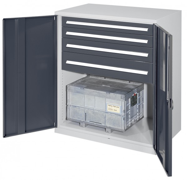 Schwerlast-Beistellschrank Modell 62 1110 x 1000 x 600 mm RAL 7035/7016. Vollblechtüre 2 Schubladen H 100 mm 1 Schublade H 125 mm 1 Schublade H 175 mm.