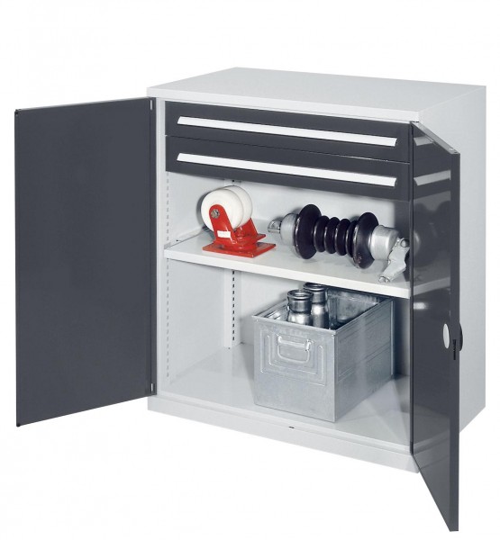 Schwerlast-Beistellschrank Modell 61 1110 x 1000 x 600 mm RAL 7035/7016. Doppelwandtür 1 Fachboden verzinkt 2 Schubladen H 100 mm.