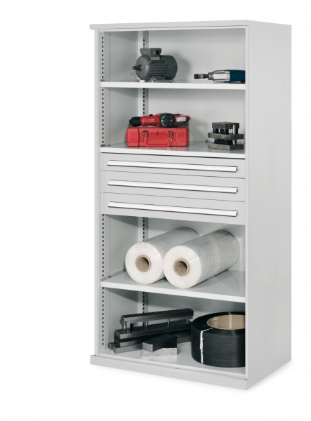 Schwerlastregal Mod 43 OMT 1950 x 1000 x 600 mm RAL 7035. 3 Fachböden verzinkt 1 Schublade RAL 7035 H 100 mm 2 Schubladen RAL 7035 125 mm.