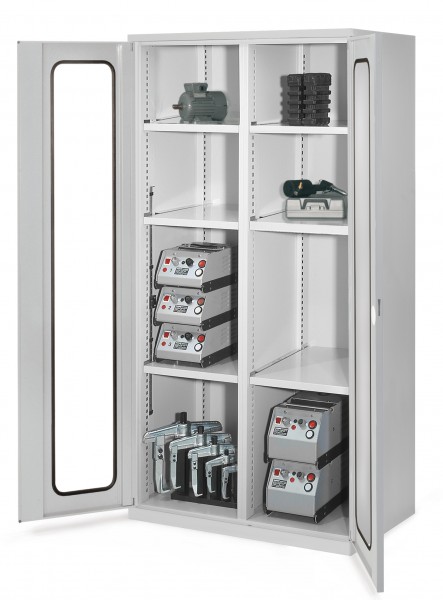 Schwerlastschrank mit Mitteltrennwand 1950 x 1000 x 600 mm Mod 51 RAL 7035. Sichtfenstertür 3 Fachböden links verzinkt 3 Fachböden rechts verzinkt.
