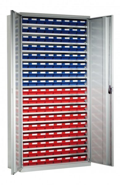 Systemschrank mit Regalkästen Modell 3 H 1950 x B 1000 x T 500 mm RAL 7035. Inklusiv 136 Kästen 400 x 120 x 65 mm.