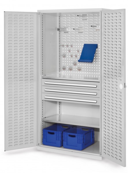 ®RasterPlan Schubladenschrank Modell 22 RAL 7035. Türinnenseite: Schlitzplatten 1950 x 1000 x 600 mm 3 Schubladen H 100 mm 2 Fachböden verzinkt.