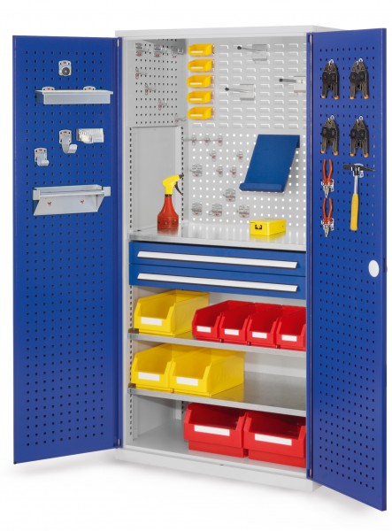 ®RasterPlan Schubladenschrank Modell 11 RAL 7035 /5010. Türinnenseite: Lochplatten 1950 x 1000 x 600 mm, 2 Schubladen H 100 mm 3 Fachböden verzinkt.