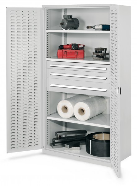 Schwerlastschrank ohne Mitteltrennwand 1950 x 1000 x 600 mm Mod 46 RAL 7035. Türinnenseite: ®RasterPlan Schlitzplatte 3 Fachböden verzinkt 1 Schublade 100 mm 1 Schublade 125 mm 1 Schublade 175 mm.