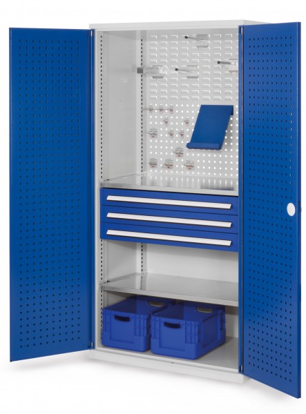 ®RasterPlan Schubladenschrank Modell 12 RAL 7035/5010. Türinnenseite: Lochplatten 1950 x 1000 x 600 mm 3 Schubladen H 100 mm 2 Fachböden verzinkt.