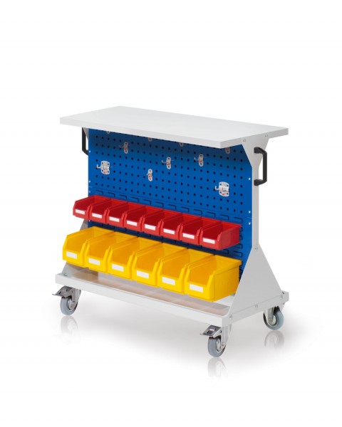 RasterMobil Gr. 2 RAL 7035/5010 H 930 x B 1000 x T 500 mm. 1 x Ablageboden aus Stahlblech 1 x Werkzeughaltersort. 10-teilig 6 x Lagersichtkästen Größe 6 8 x Lagersichtkästen Größe 7.