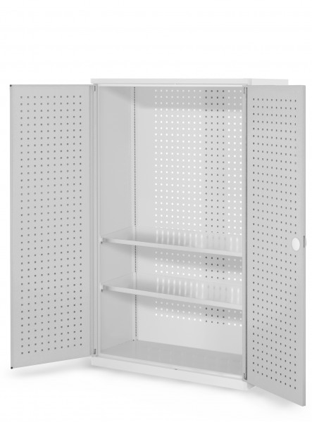 RasterPlan Werkzeugschrank Mod. 4 410, H1600 x B1000 x T410 mm, RAL 7035. Türinnenseite: RasterPlan Lochplatte, 2 Fachboden.