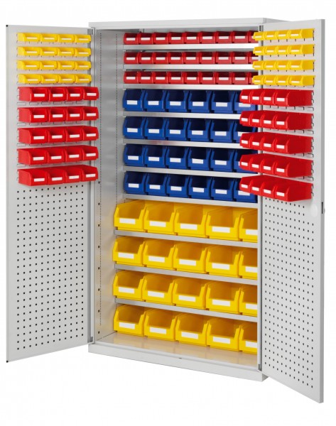 Großraumschrank Modell 11 RAL 7035 1950 x 1130 x 590 mm. Türinnenseite:n ®RasterPlan Schlitz-/Lochplatten inklusiv Lagersichtkasten 20 x Größe 4 28 x Größe 6 70 x Größe 7 32 x Größe 8.