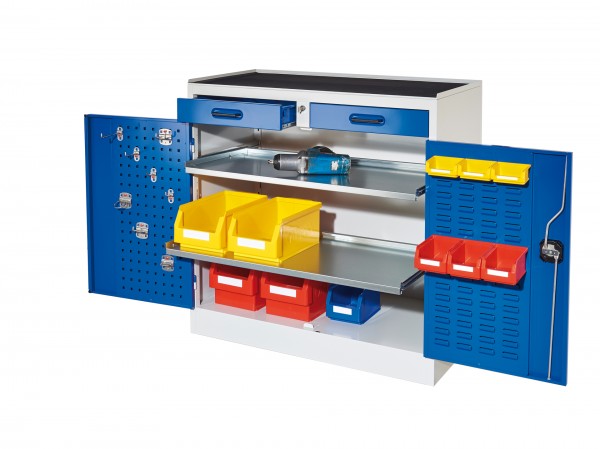 RasterPlan Arbeitsplatzschrank Modell 4S, H 1000 x B 1000 x T 500 mm. Je 1 Innentür RasterPlan Lochplatten, RasterPlan Schlitzplatten, RAL 7035/5010, 2 Schubladen, 2 ausziehbare Böden.