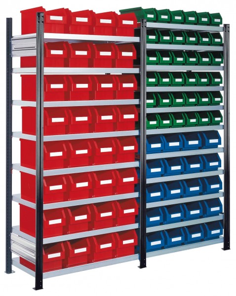 ®RasterPlan Steckregal mit Lagersichtkästen Mod 16 2000 x 2000 x 400 mm GF und AF RAL 7016. Inklusiv 32 x Größe 3 20 x Größe 4 36 x Größe 5.
