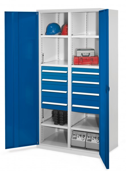 Schwerlastschrank mit Mitteltrennwand 1950 x 1000 x 600 mm Mod 54 RAL 7035/5010. Vollblechtür 4 Schubladen H 100 mm 4 Schubladen H 175 mm 3 Fachboden links verzinkt 3 Fachboden rechts verzinkt.