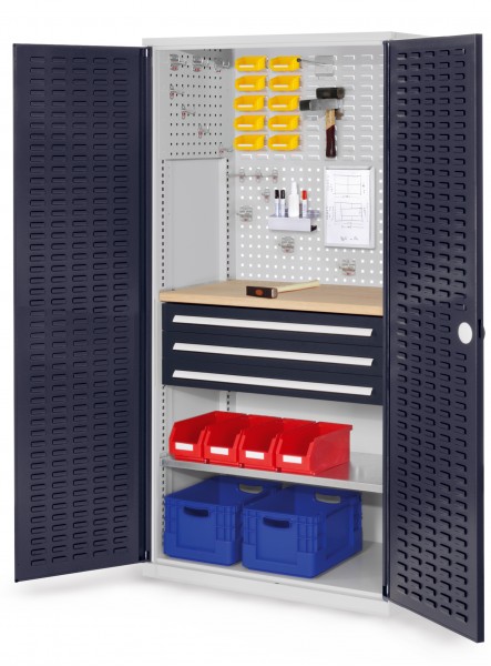 ®RasterPlan Schubladenschrank Modell 25 RAL 7035/7016. Türinnenseite: Schlitzplatten 1950 x 1000 x 600 mm mm 3 Schubladen H 100 mm mm 1 Fachböden verzinkt 1 Werkbankplatte Multiplex.
