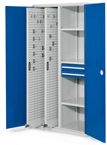 ®RasterPlan Vertikalschrank Modell 81 1950 x 1000 x 600 mm RAL 7035/5010. Doppelwandtür 2 Auszüge Lochplatten 3 Böden 2 Schubladen 100 mm.