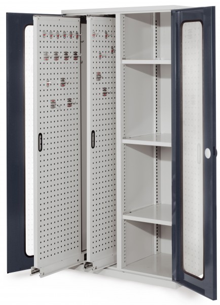 ®RasterPlan Vertikalschrank Modell 80 1950 x 1000 x 600 mm RAL 7035/7016. Sichtfenstertür. 2 Auszüge Lochplatten 3 Böden