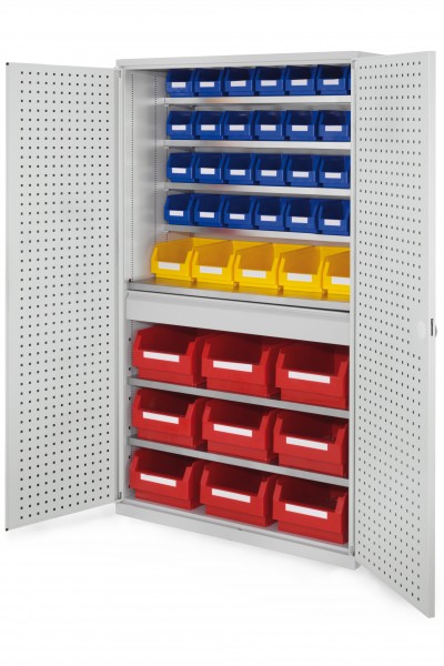 Großraumschrank Modell 30 RAL 7035 1950 x 1130 x 590 mm. Türinnenseite: RasterPlan Lochplatten 1 Schubladen mittig inklusiv Lagersichtkasten 9 x Größe 2 5 x Größe 4 28 x Größe 6.