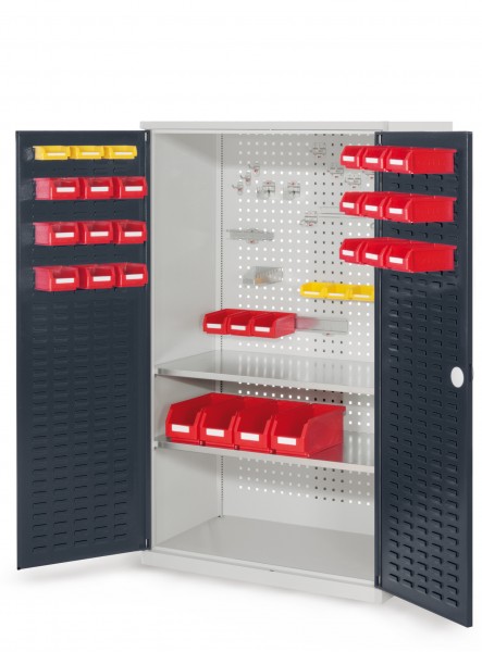 RasterPlan Werkzeugschrank Mod 4 500, H1600 x B1000 x T500 mm, RAL 7035/7016. Türinnenseite: RasterPlan Schlitzplatte, 2 Fachböden.