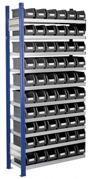 RasterPlan Steckregal mit Lagersichtkästen Mod 11, 2000 x 1000 x 300 mm, AF RAL 5010. Inklusiv 60 x Größe 6.