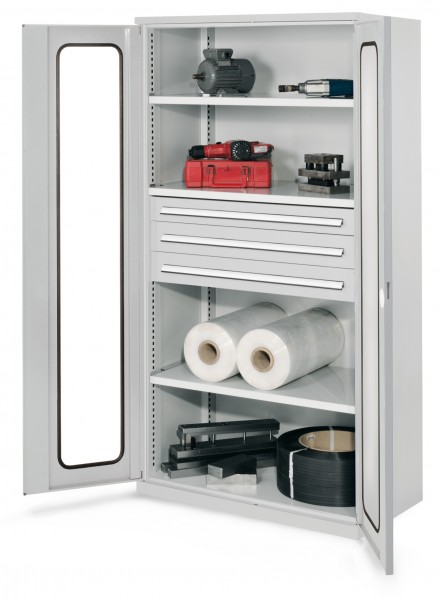 Schwerlastschrank ohne Mitteltrennwand 1950 x 1000 x 600 mm Mod 43 RAL 7035. Sichtfenstertür. 3 Fachböden 1 Schubladen 100 mm 2 Schubladen 125 mm