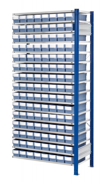 ®RasterPlan Steckregal mit Volumenkästen Modell 30 2000 x 1000 x 400 mm AF. Inklusiv 120 Stück 400 x113 x 85 taubenblau.