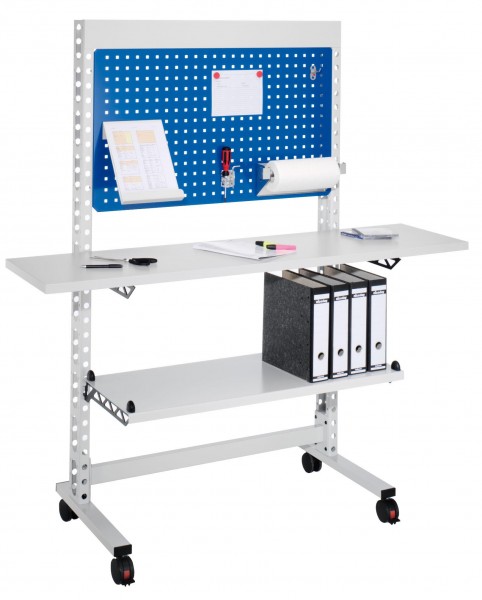ErgoPlus Steharbeitsplatz RAL 7035 /5010 H1770 x B 1070 mm. Modell 6 ausgestattet mit Holzplatte1600 x 400 mm mit 4 Lenkrollen davon 2 mit Feststeller.