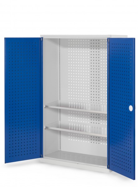 RasterPlan Werkzeugschrank Mod. 4 410, H1600 x B1000 x T410 mm, RAL 7035/5010. Türinnenseite: RasterPlan Lochplatte, 2 Fachboden.