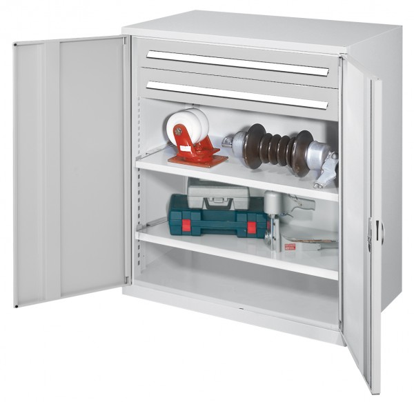 Schwerlast-Beistellschrank Modell 63 1110 x 1000 x 600 mm RAL 7035. Vollblechtüren 2 Schubladen H 100 mm 2 Fachboden B 1000 mm.