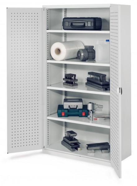 Schwerlastschrank ohne Mitteltrennwand 1950 x 1000 x 600 mm Mod 41 RAL7035. Türinnenseite: ®RasterPlan Lochplatten 4 Fachböden verzinkt.