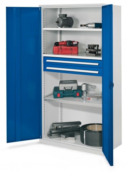 Schwerlastschrank ohne Mitteltrennwand 1950 x 1000 x 600 mm Mod 45 RAL 7035/5010. Vollblechtüren 3 Fachböden verzinkt 2 Schubladen H 100 mm.