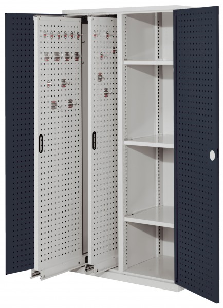 ®RasterPlan Vertikalschrank Modell 80 1950 x 1000 x 600 mm RAL 7035/7016. Türinnenseite: ®RasterPlan Lochplatten 2 Auszüge Lochplatten 3 Böden