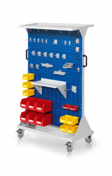 RasterMobil Gr. 4 RAL 5010 H1620 x B1000 x T500 mm. 1 x Auflageboden aus Stahlblech 1 x Werkzeughaltersort. 28-teilig 1 x Stahlboden 450 mm 1 x Universalhalter 6 x Lagersichtkästen Größe 6 7 x Lagersichtkästen Größe 7 2 x Lagersichtkästen Größe 8.