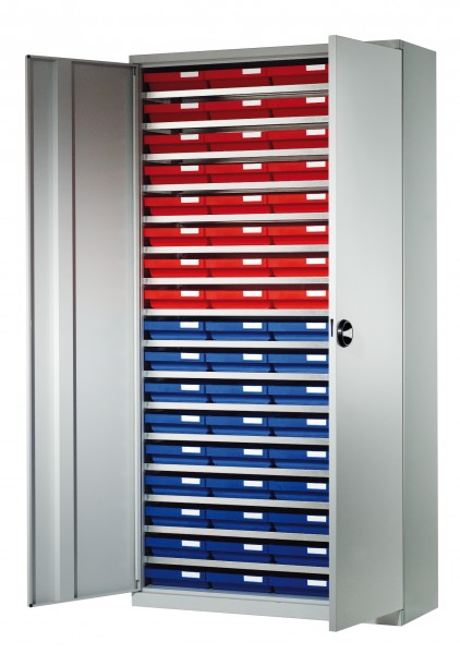 Systemschrank mit Regalkästen Modell 1 H 1950 x B 1000 x T 500 mm RAL 7035. Inklusiv 68 Kästen 400 x 240 x 65 mm.