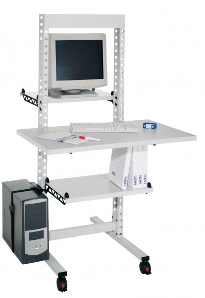 ErgoPlus Steharbeitsplatz 2 Ablagen 1 Holzboden B1050 RAL 7035. Modell 4 schmal doppelseitig inklusiv CPU-Träger ausgestattet mit 4 Lenkrollen davon 2 mit Feststeller.