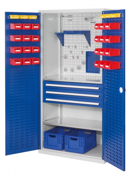 ®RasterPlan Schubladenschrank Modell 22 RAL 7035/5010. Türinnenseite: Schlitzplatten 1950 x 1000 x 600 mm 3 Schubladen H 100 mm 2 Fachböden verzinkt.