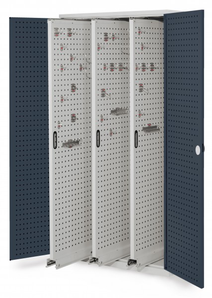 ®RasterPlan Vertikalschrank Modell 85 1950 x 1000 x 600 mm RAL 7035/7016. Türinnenseite: ®RasterPlan Lochplatten. 3 Auszüge Lochplatten.