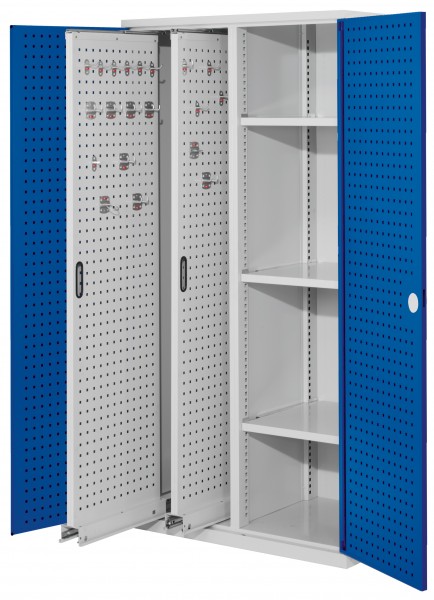 ®RasterPlan Vertikalschrank Modell 80 1950 x 1000 x 600 mm RAL 7035/5010. Türinnenseite: ®RasterPlan Lochplatten 2 Auszüge Lochplatten 3 Böden