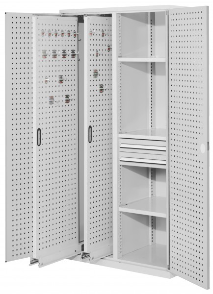 ®RasterPlan Vertikalschrank Modell 81 1950 x 1000 x 600 mm RAL 7035. Türinnenseite: ®RasterPlan Lochplatten 2 Auszüge Lochplatten 3 Fachböden 2 Schubladen 100 mm.