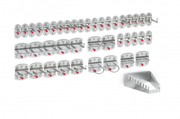 ®RasterPlan Werkzeughalter-Sortiment 42-teilig Alufarben 5 Werkzeughalter schräges Hakenende, 10 Werkzeughalter senkrechtes Hakenende, 10 Doppelte Werkzeughalter senkrechtes Hakenende, 10 Werkzeugklemmen 2 Maschinenhalter, 4 Zangenhalter 1 Schraubenschlüs