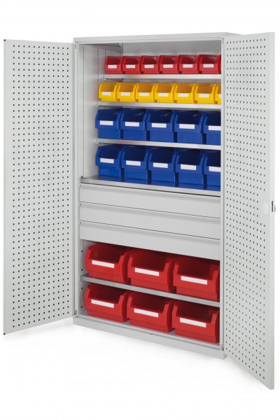 Großraumschrank Modell 35 RAL 7035 1950 x 1130 x 590 mm. Türinnenseite: ®RasterPlan Lochplatten 3 Schubladen mittig inklusiv Lagersichtkasten 6 x Größe 2 10 x Größe 3 7 x Größe 5 7 x Größe 6.