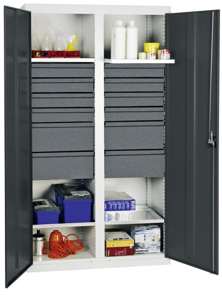 Werkzeug- und Materialschrank Serie 3000, 7035/7016, 8 Schublade 100 mm, 4 Schublade 200 mm, Mitteltrennwand, 4 Wannenböden
