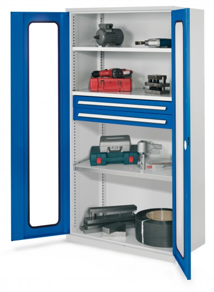 Schwerlastschrank ohne Mitteltrennwand 1950 x 1000 x 600 mm Mod 45 RAL 7035/5010. Sichtfenstertüren 3 Fachböden verzinkt 2 Schubladen H 100 mm