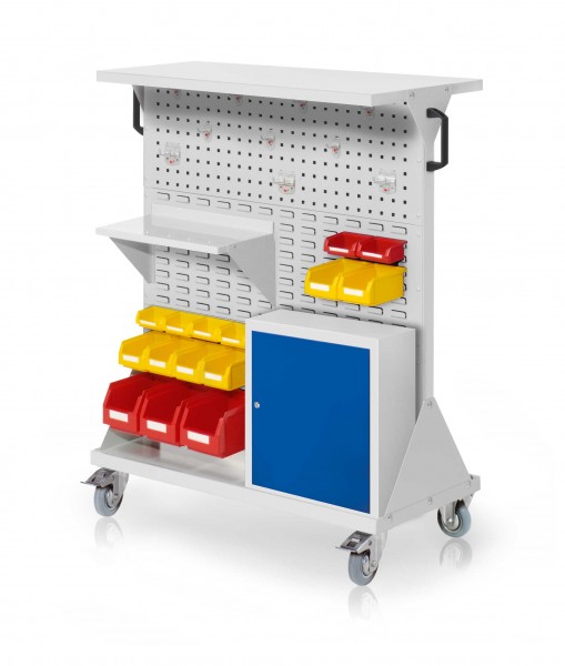 RasterMobil Gr. 3 RAL 7035 H1270 x B1000 x T500 mm. 1 x Ablageboden aus Stahlblech 1 x Werkzeughaltersortiment 10-teilig 1 x Stahlboden 450 mm 1 x Einhängeschrank 3 x Lagersichtkästen Größe 6 6 x Lagersichtkästen Größe 7 6 x Lagersichtkästen Größe