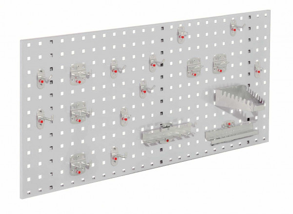 ®RasterPlan Einsteigerset 6 1 x ®RasterPlan Lochplatte RAL 7035 - Lichtgrau Breite 1000 mm x Höhe 450 mm 1 x ®RasterPlan Werkzeughalter-Sortiment 18-teilig