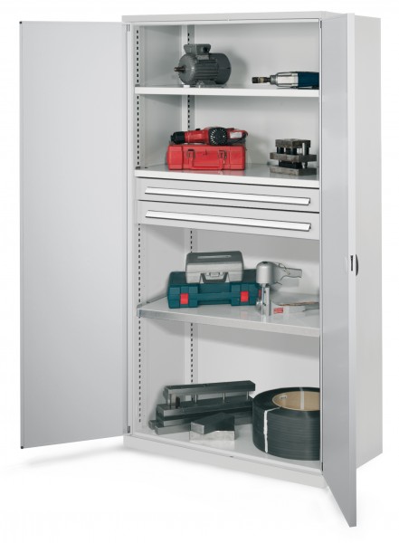 Schwerlastschrank ohne Mitteltrennwand 1950 x 1000 x 600 mm Mod 45 RAL 7035. Doppelwandtür 3 Fachböden verzinkt 2 Schubladen 100 mm.