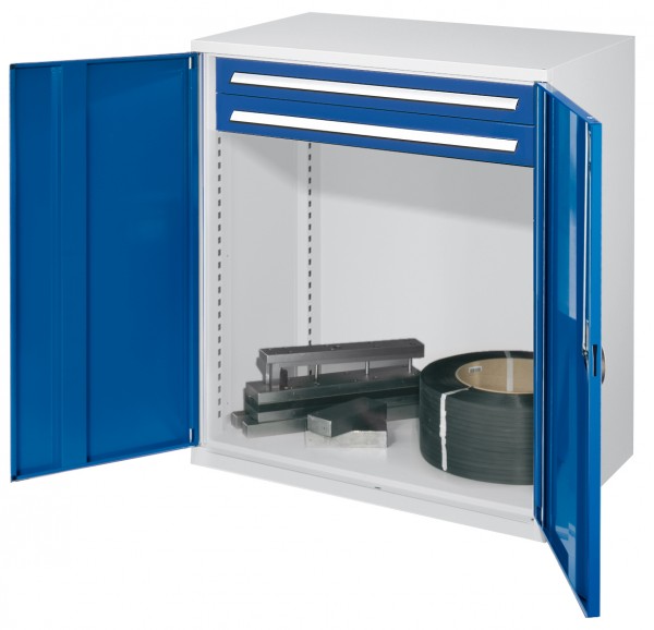 Schwerlast-Beistellschrank Modell 64 1110 x 1000 x 600 mm RAL 7035/5010. Vollblechtüren 2 Schubladen H 100 mm.