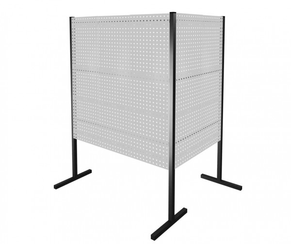 ®RasterPlan Trennwand Doppelfeld 90° L1000 / 1500 mm H1500 mm RAL 7035. Mit 5 ®RasterPlan Lochplatten.