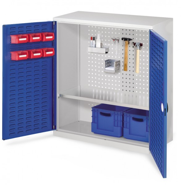 RasterPlan Werkzeugschrank Mod. 2 410, H1000 x B1000 x T410 RAL 7035/5010. Türinnenseite: RasterPlan Schlitzplatte ,1 Fachboden.