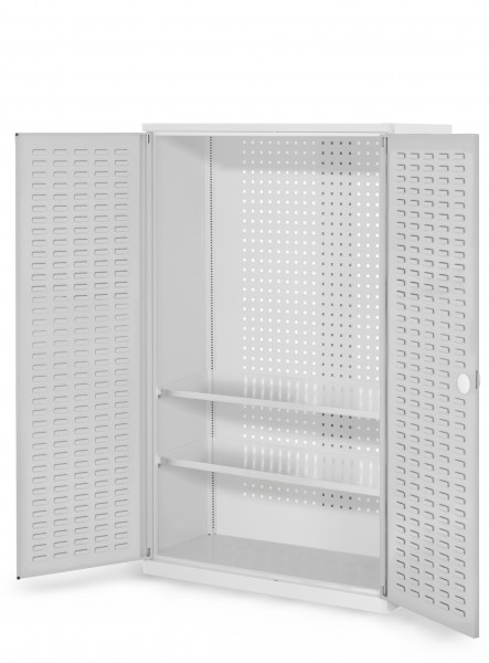 RasterPlan Werkzeugschrank Mod 4 500, H1600 x B1000 x T500 mm, RAL 7035. Türinnenseite: RasterPlan Schlitzplatte, 2 Fachböden.
