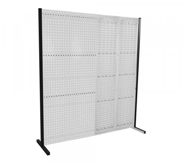 ®RasterPlan Trennwand Einzelfeld L2000 mm H2000 mm RAL 7035. Mit 2 ®RasterPlan Lochplatten 2 ®RasterPlan Schlitzplatten.